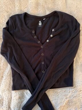 Urban Outfitters ME WE Black Snap-Front Ribbed Long Sleeve Top